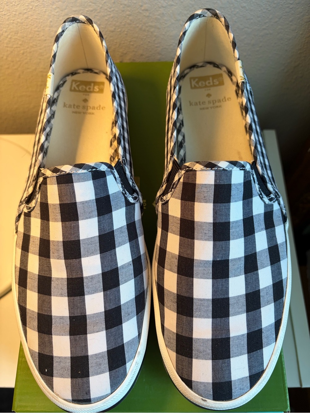 Keds Kate Soade Black & White Gingham Slip-On Sneakers, size 9